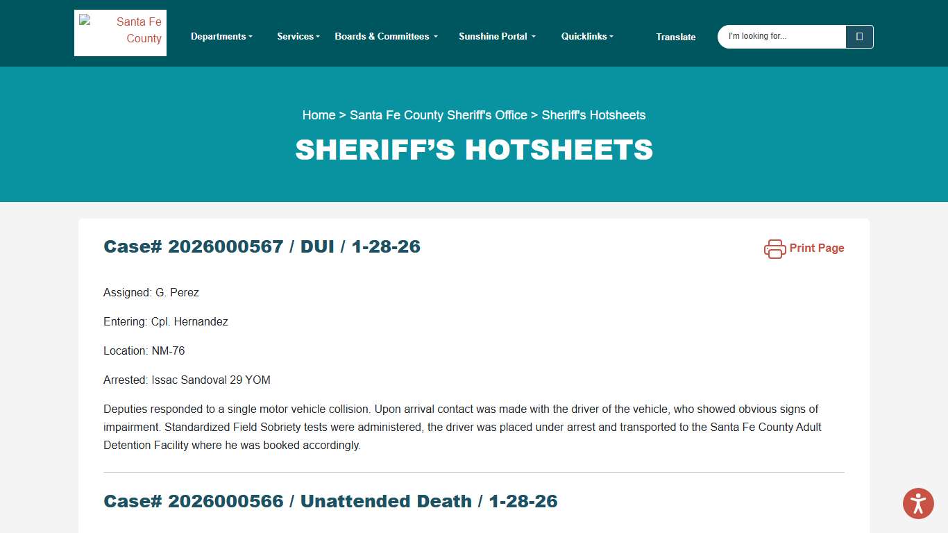 Sheriff’s Hotsheets Santa Fe County