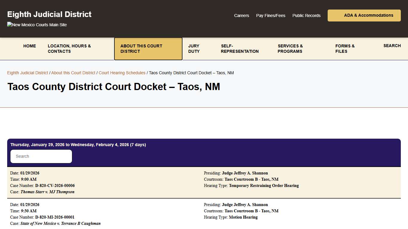 Taos County District Court Docket – Taos, NM - Eighth Judicial District