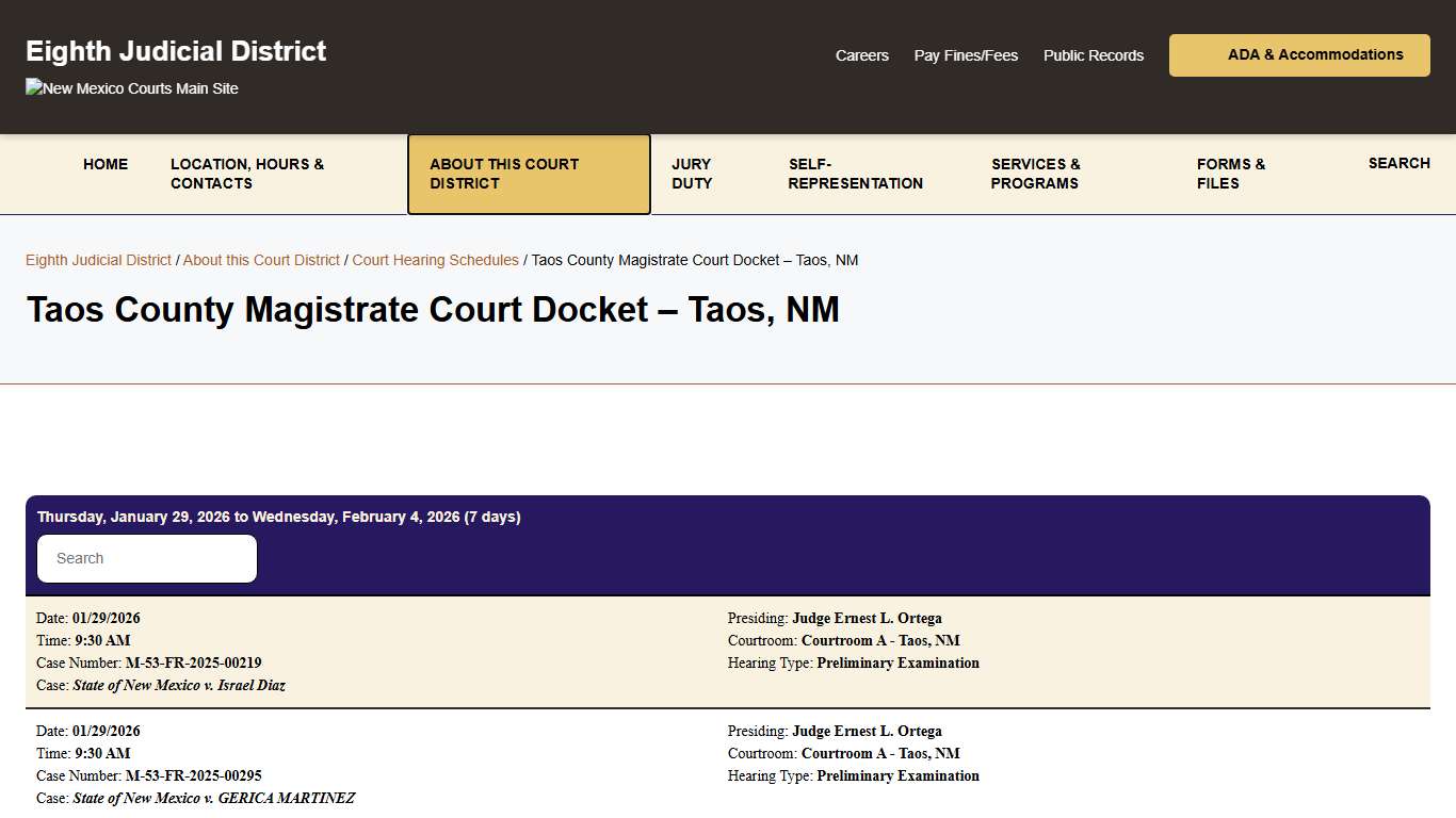 Taos County Magistrate Court Docket – Taos, NM - Eighth Judicial District